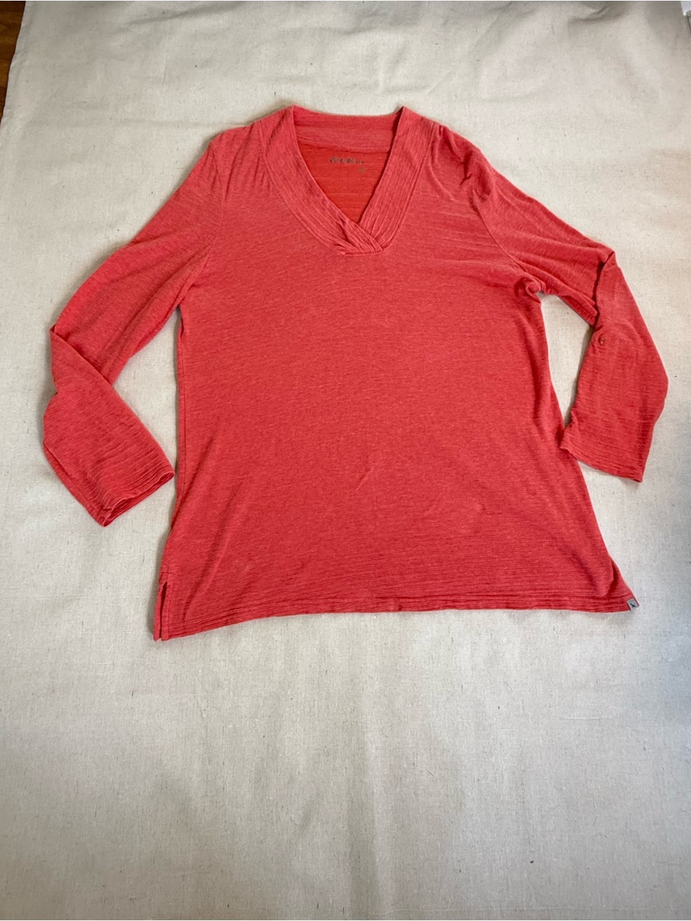 Eddie Bauer Coral Pink V Neck Tunic Top Long Sleeve Cotton XL Roll-Tab Sleeves